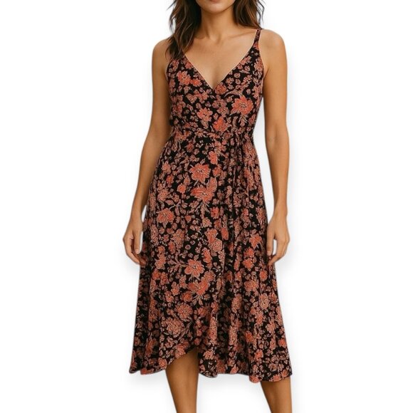 NWOT NAIF Black Red Floral Sleeveless Maxi Dress M Rayon Boho Elastic Waist - Picture 1 of 11